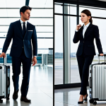 A sophisticated business traveler, fully clothed in a modest, professional dark business suit, confidently standing beside an iconic silver Rimowa Classic Cabin aluminum check-in suitcase. The setting is a bright, modern airport terminal, featuring high ceilings and sleek architectural lines, hinting at a luxury travel experience. The traveler's posture is natural and composed. Perfect anatomy, correct proportions, natural pose, well-formed hands, proper finger count, natural body proportions, safe for work, appropriate content, professional, high-quality, family-friendly, studio lighting.
