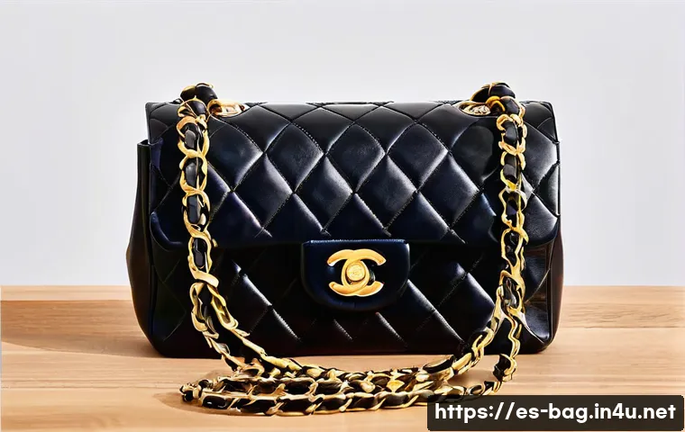 샤넬 클래식 플랩백과 보이백 비교 - A sophisticated and elegant classic Chanel Flap Bag placed on a polished wooden table in a stylish M...