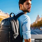 노스페이스와 콜롬비아 백팩 비교 - Urban professional setting featuring a young Spanish adult wearing a sleek, modern The North Face ba...