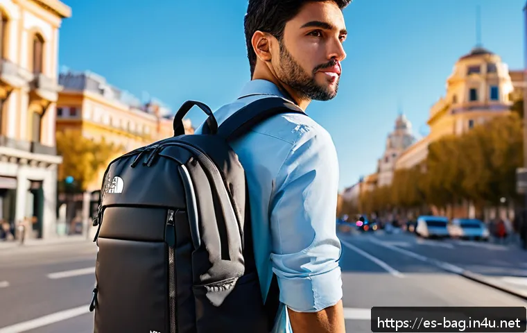 노스페이스와 콜롬비아 백팩 비교 - Urban professional setting featuring a young Spanish adult wearing a sleek, modern The North Face ba...