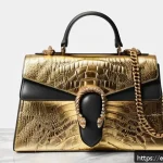 구찌 디오니서스 백과 GG 수프림 비교 - A luxurious Gucci Dionysus handbag displayed on a sleek marble surface in a high-end boutique settin...