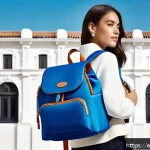 롱샴 네오 백팩과 오리지널 라인 비교 - A stylish urban scene featuring a young adult carrying a Longchamp Neo backpack with a modern sporty...