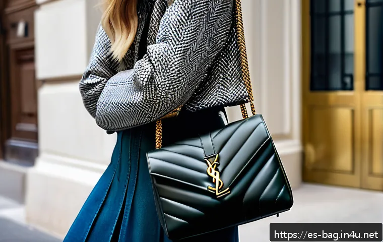 생로랑 루루 백과 카산드라 백 차이 - A sophisticated fashion scene featuring a close-up of a Saint Laurent Loulou bag displayed on a styl...