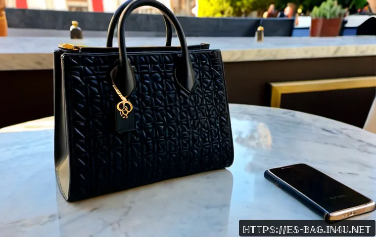 캘빈클라인 모노그램 토트백 리뷰 - Photorealistic luxury tote bag review scene, elegant black structured leather tote with a subtle emb...
